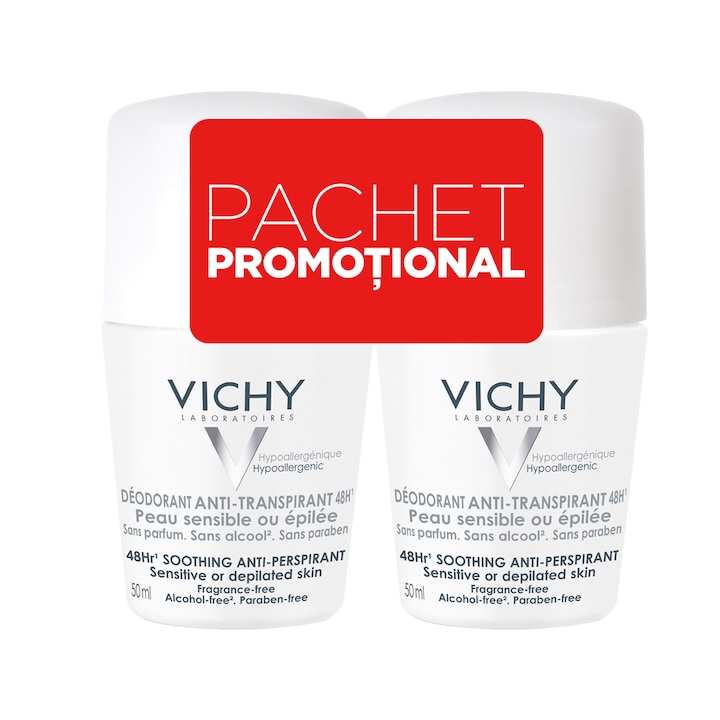 Комплект Vichy: Дезодорант Roll-on, Антиперспирант, 48h, Без парфюм, 2x50 мл