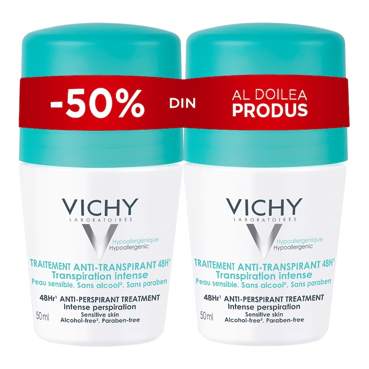 Vichy promóciós csomag: izzadásgátló golyós dezodor parfümmel (érzékeny bőrre), 48 órás hatás, 50 ml, 1 + 1-50%