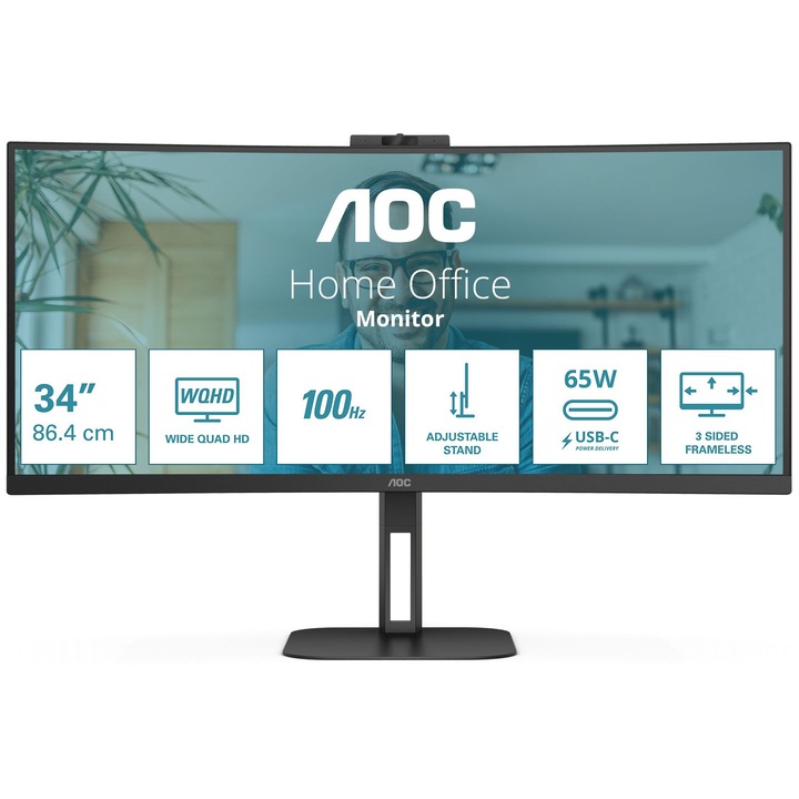 Монитор AOC CU34V5C/BK, 34", WLED, VA, 3440 x 1440, 1 x HDMI 2.0, 1 x DisplayPort 1.2, 1 x Audio Out, 4 x USB 3.2 Downstream, 1 x USB 3.2 Type-C с DisplayPort функция, Вградени високоговорители 2 x 5W