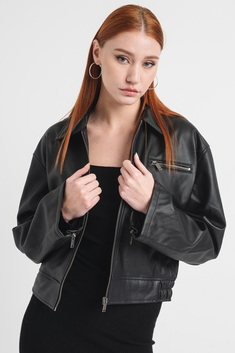 Gina Tricot, Crop műbőr dzseki, Fekete