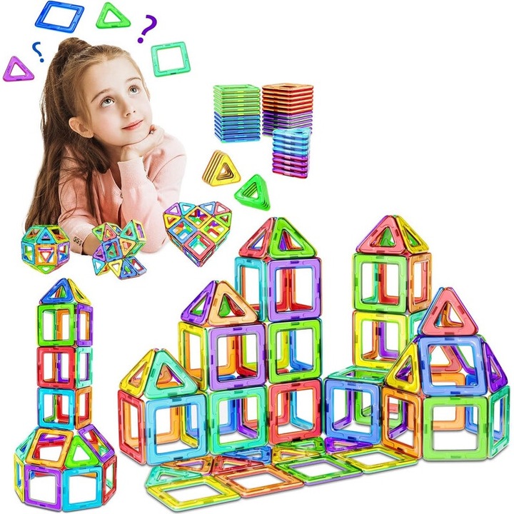 Set de blocuri magnetice, 40 piese, jucarii educative, multicolor, pentru copii 3-6 ani