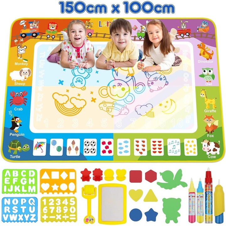 Set creativ 150x100cm saltea de desen cu apa, animale dragute, 4 markere, 4 stampile cartoon, 2 sabloane animale