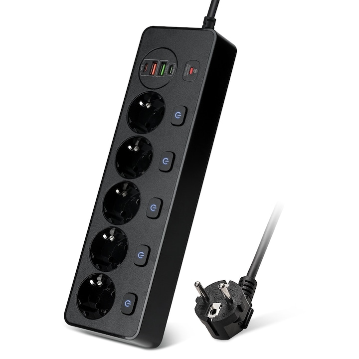 WELUOT Смарт разклонител, 5 гнезда, 2 USB, 2 Type-C, Защита от пренапрежение, Черен