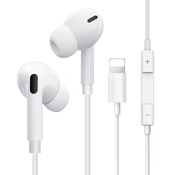 Casti cu fir, In ear, Microfon, cu lightning Stereo Premium, compatibile cu dispozitive Apple, Confort, Sport si Muzica, Alb