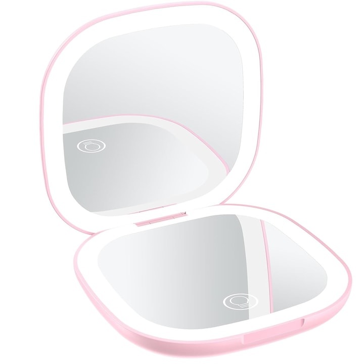 Сгъваемо козметично огледало WELUOT, 10x увеличение, LED осветление, розово, 90x90x17mm