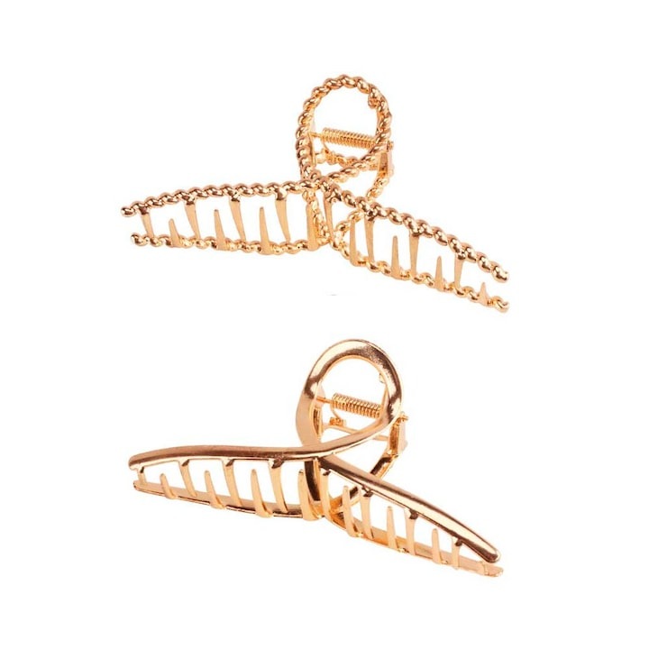 Két dekoratív és elegáns hajcsat készlet. fémes. fényes foglalat nagy félkör alakú. aranysárga