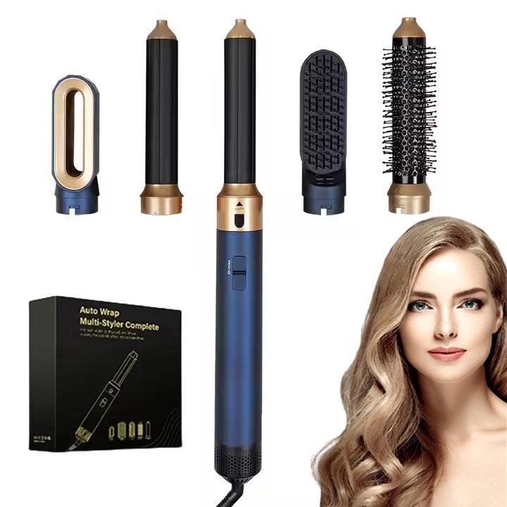 Ondulator par 5 in 1, MOSMAOO®, 5 Accesorii, Multifunctionala, 3 Trepte temperatura, 1000W, ingrijire termostatica a parului, Capete Interschimbabile, Albastru