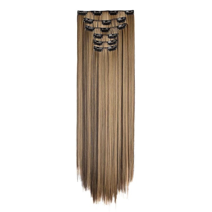 Set 6 extensii de par sintetic, lung drept, Lungime 60 cm, Maro