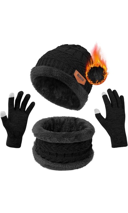 3 in 1 Set Caciula si Esarfa de barbati de iarna de manusi, Femei Iarna calda elastica tricotata Beanie, Cerc esarfa si Touch Screen manusi Set, Sport in aer liber ingroasa lana moale captuseala interioara, Negru