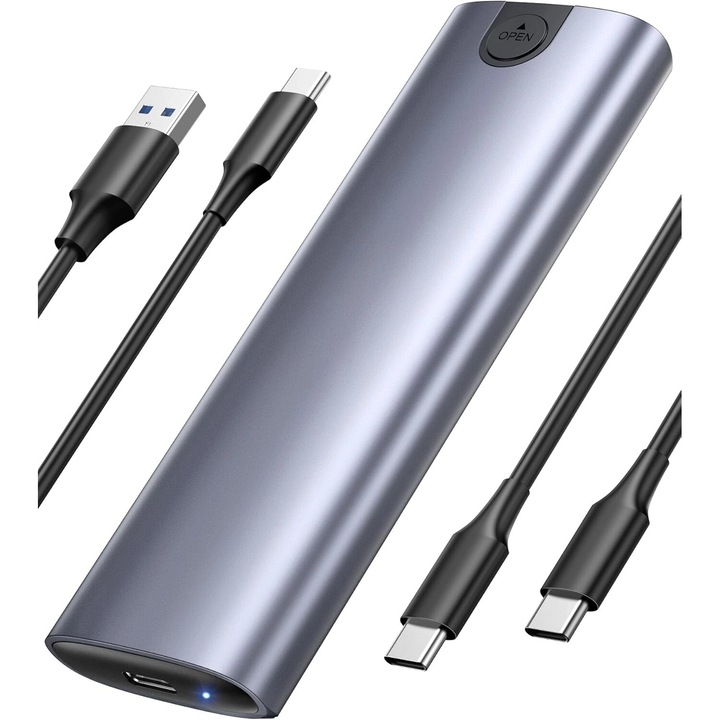Външен корпус Excitat®, M2 NVME SSD, USB 3.2 Gen2, NVMe към USB адаптер за 2230/2242/2260/2280 M.2 NVMe/SATA SSD чрез M-ключ или M+B, с USB C към C и USB A към C кабели, Алуминий, Сребрист