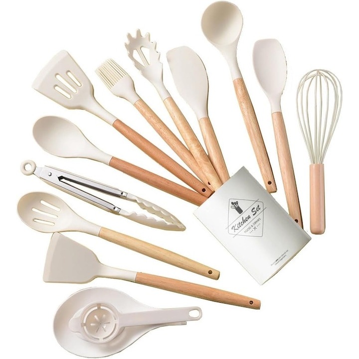 14 részes konyhai edénykészlet, WELUOT, fa és szilikon, hőálló, fehér