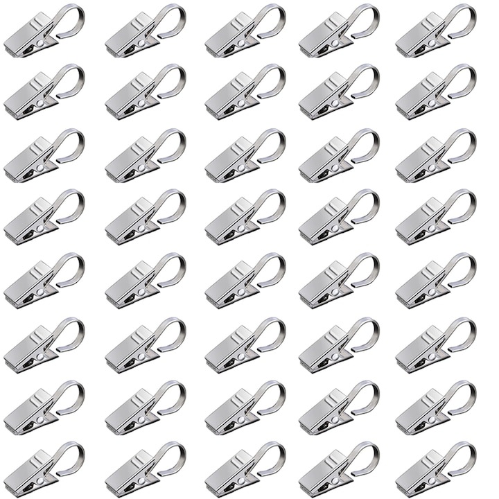 Set de 40 clips pentru perdele cu carlig, WELUOT, otel inoxidabil, argintiu