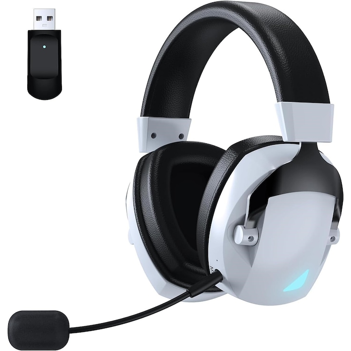 Слушалки Wireless gaming, 360 пространствен звук, автономност на батерията до 30 часа, 2,4 GHz донгъл, мемори пяна, подвижен микрофон, компютър, бяло/черно
