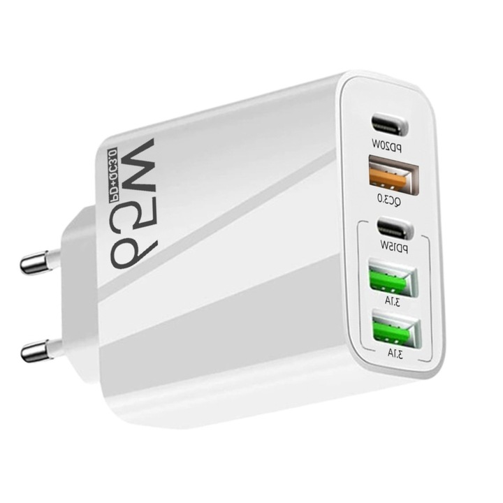 Töltő, Multi-Port, 65W, Mobiltelefonokhoz, PD+3USB, Gyorstöltés, Kompakt és hordozható, Tablet, Tartós, Fehér