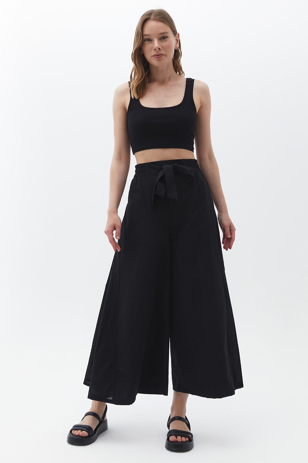 OXXO, Pantaloni palazzo cu talie inalta, Negru, 2XS