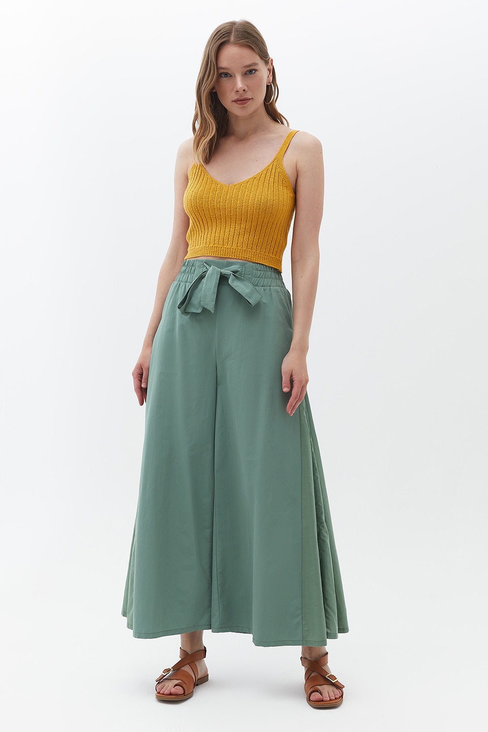 OXXO, Pantaloni palazzo cu talie inalta, Verde marin, 2XS