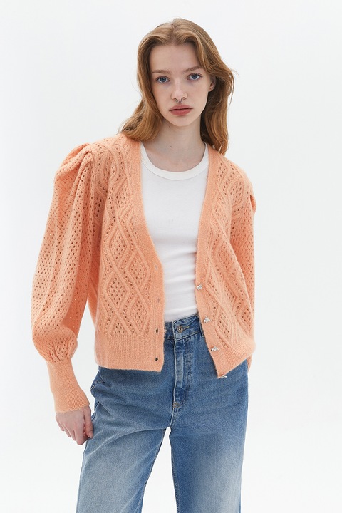 OXXO, Cardigan cu perforatii si maneci bufante, Portocaliu persan