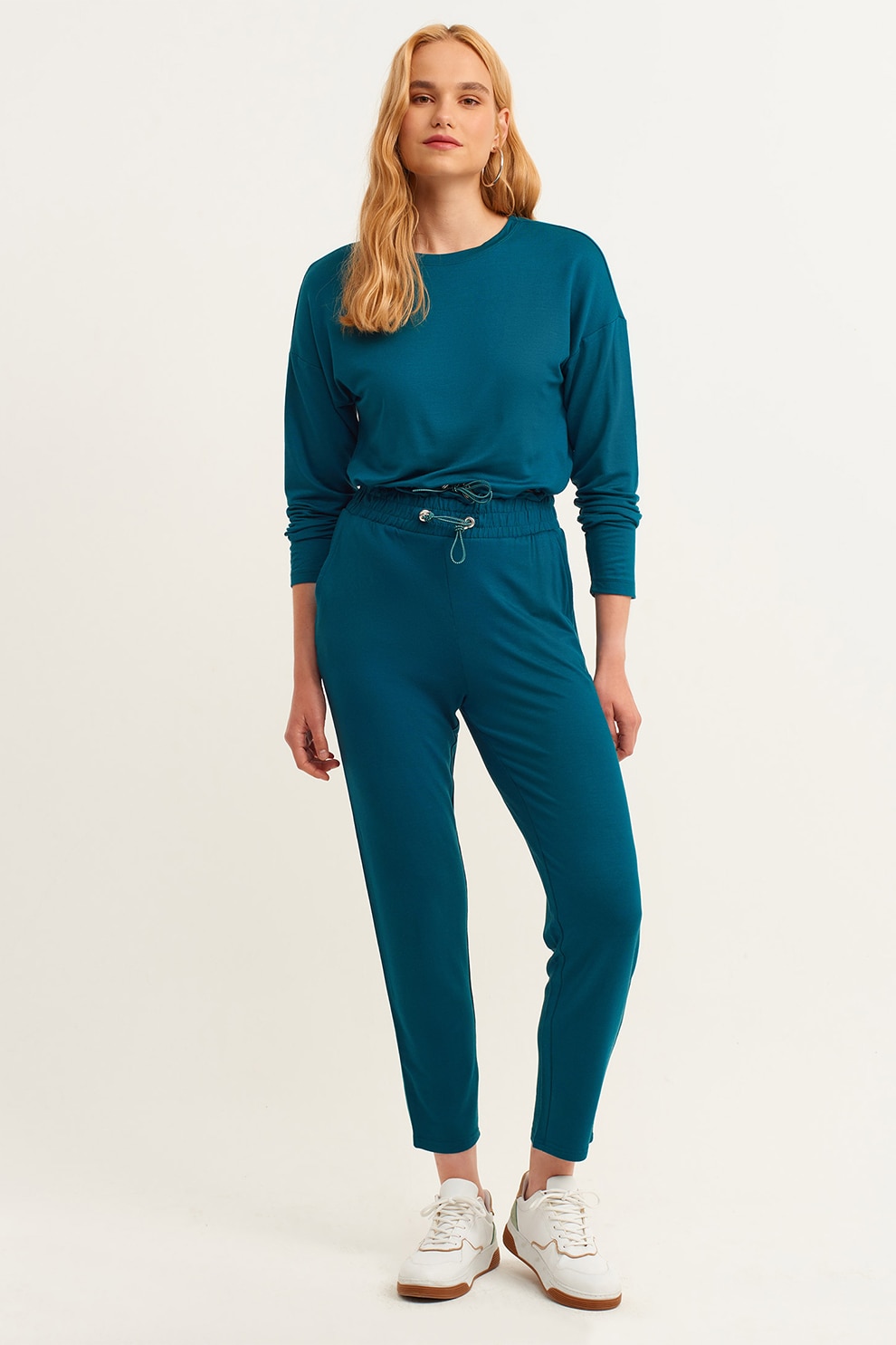 OXXO, Pantaloni crop cu talie ajustabila, Albastru petrol, M
