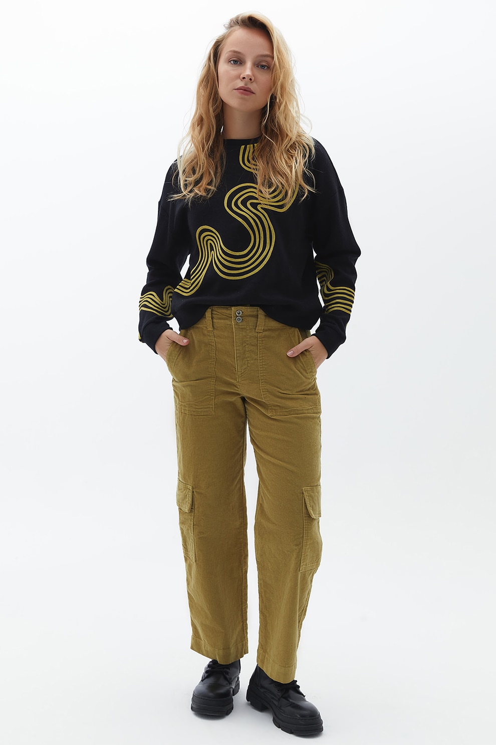 OXXO, Pantaloni drepti cargo, Verde masliniu, 42