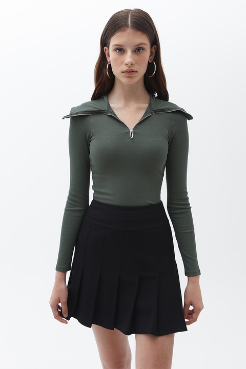 OXXO, Bluza cu fermoar scurt si striatii, Verde padure