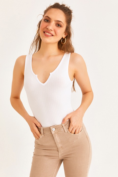 OXXO, Top cu striatii si decolteu in V, Alb