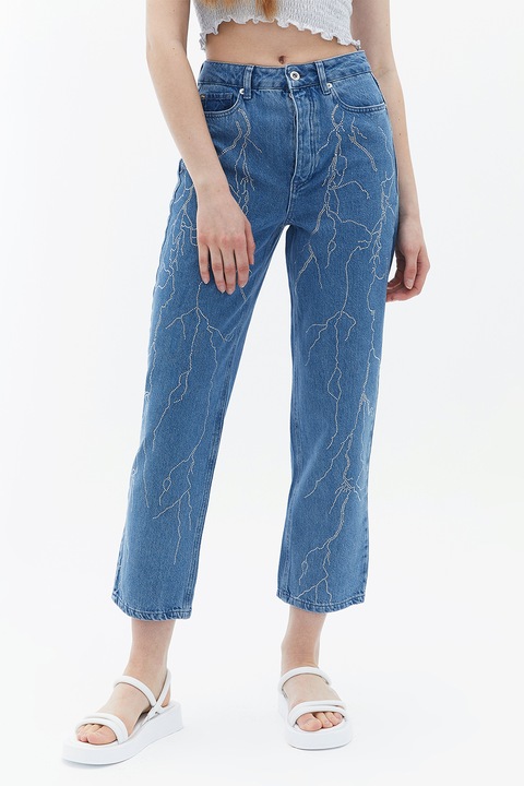 OXXO, Blugi crop cu talie inalta si strasuri, Albastru/Argintiu