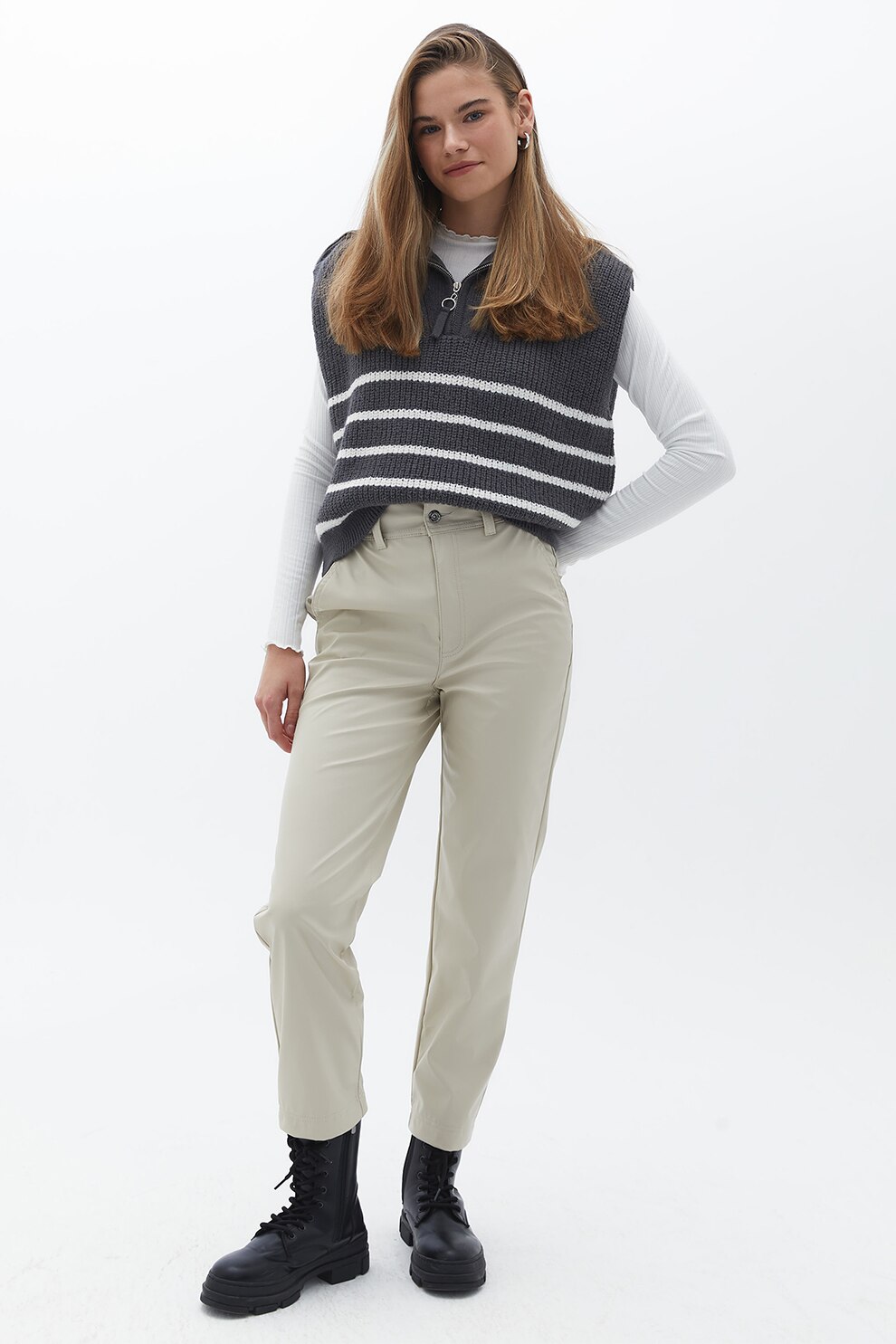 OXXO, Pantaloni crop de piele ecologica, Crem, S
