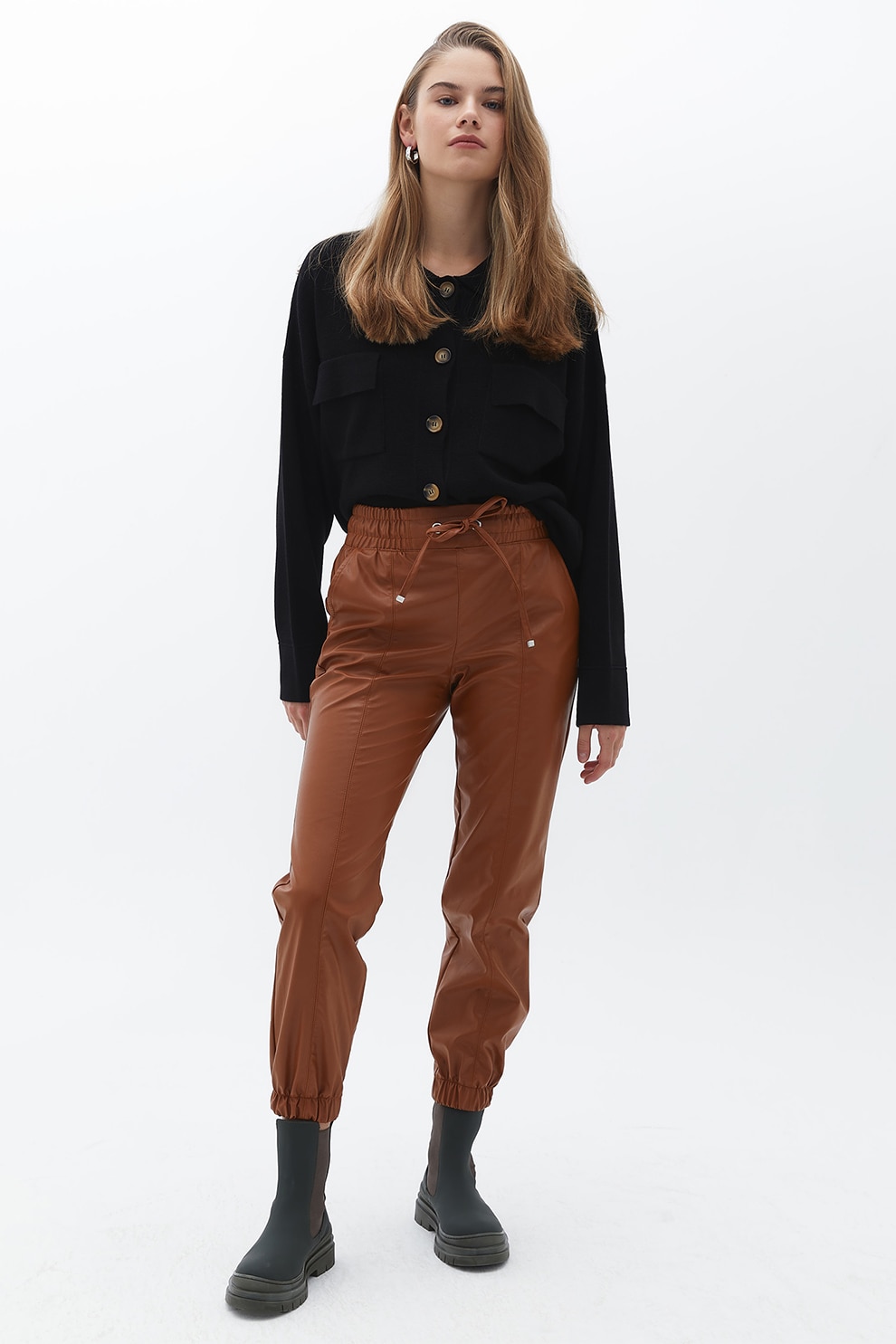 OXXO, Pantaloni de piele ecologica cu snur elastic in talie, Caramel, XS
