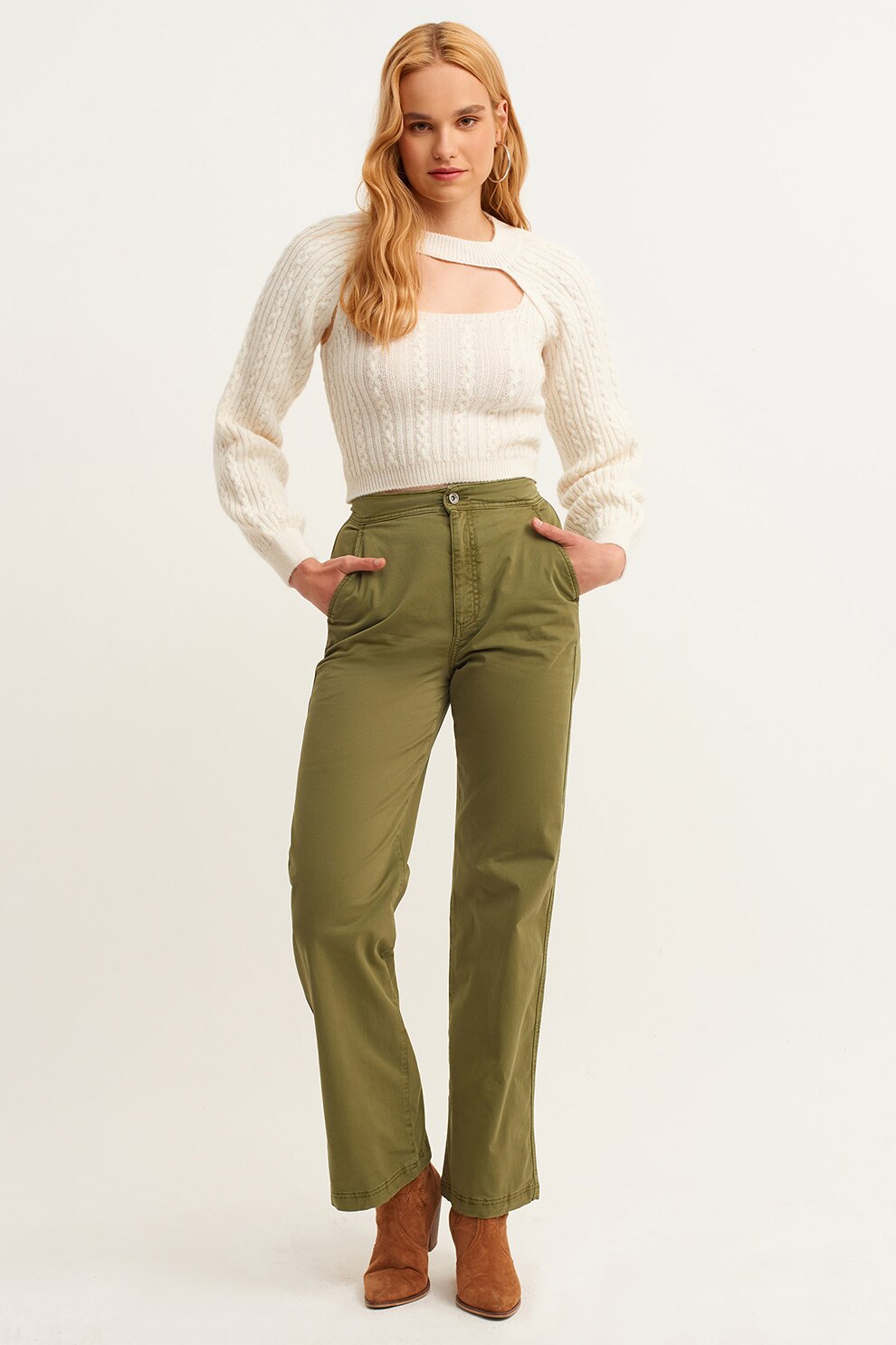 OXXO, Pantaloni drepti cu talie inalta, Verde masliniu, 40