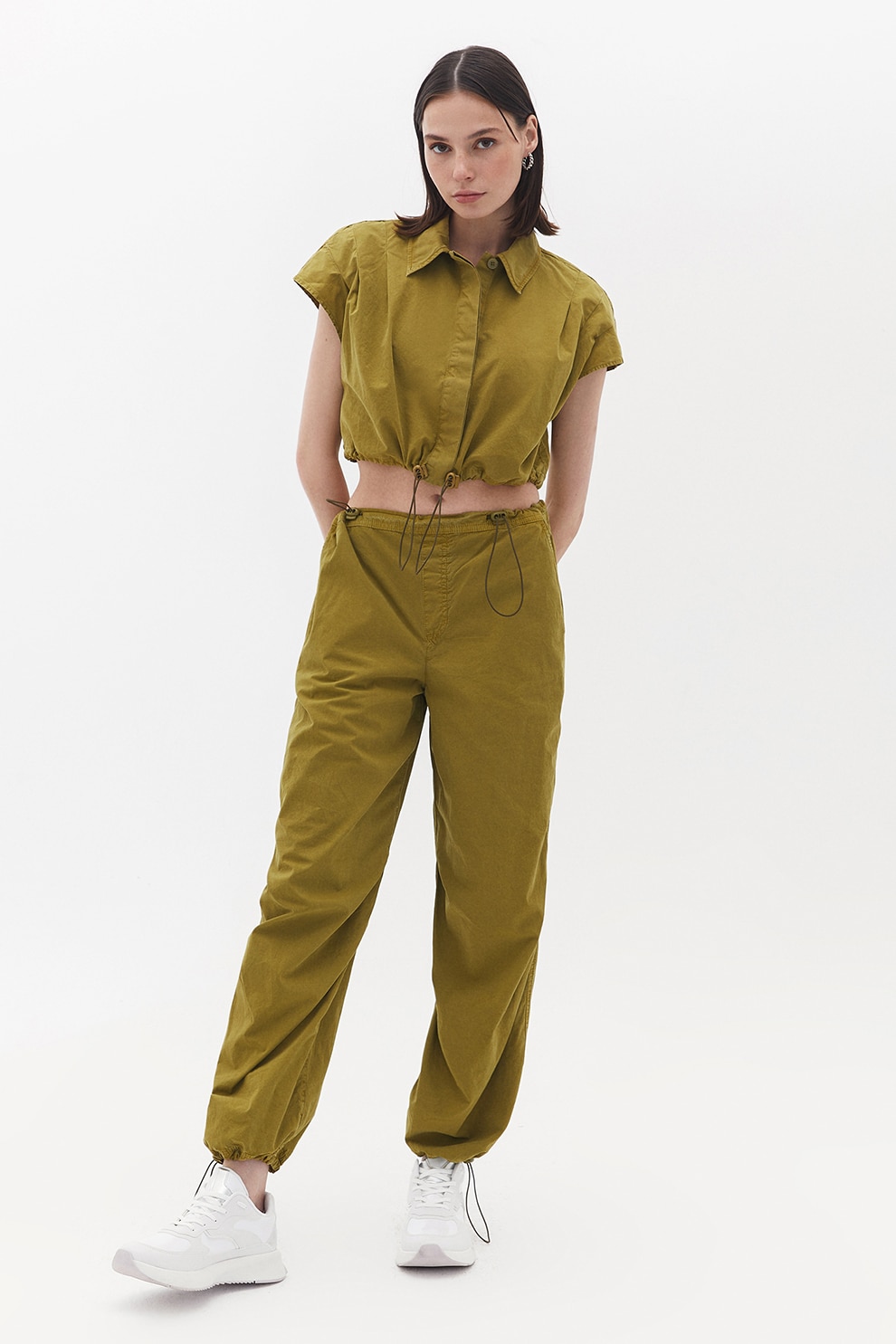 OXXO, Pantaloni relaxed fit cu talie si terminatie ajustabile, Verde masliniu, M