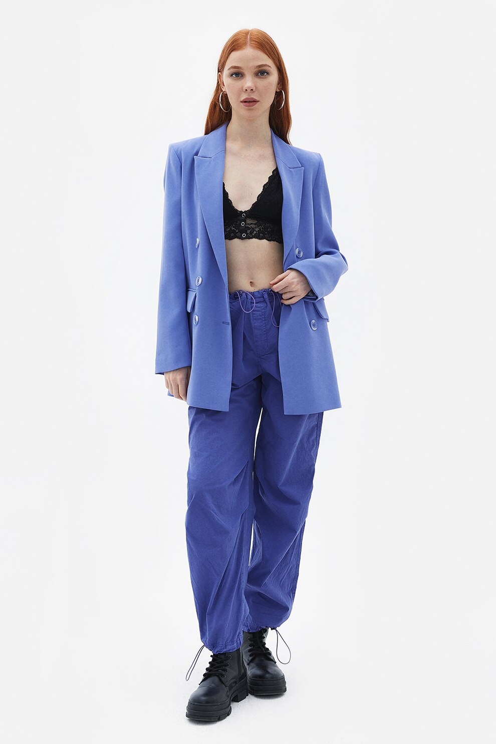 OXXO, Pantaloni relaxed fit cu talie si terminatie ajustabile, Indigo, XS