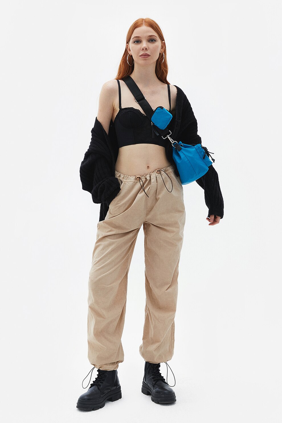 OXXO, Pantaloni relaxed fit cu talie si terminatie ajustabile, Bej, 2XS