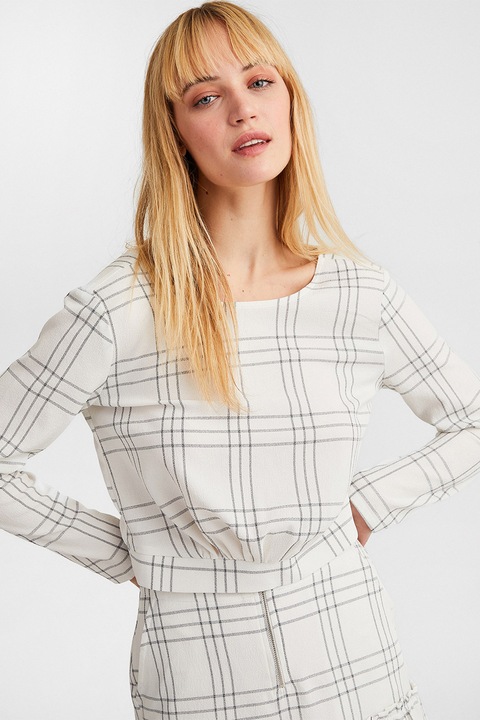 OXXO, Bluza crop cu model in carouri, Alb fildes/Gri carbune