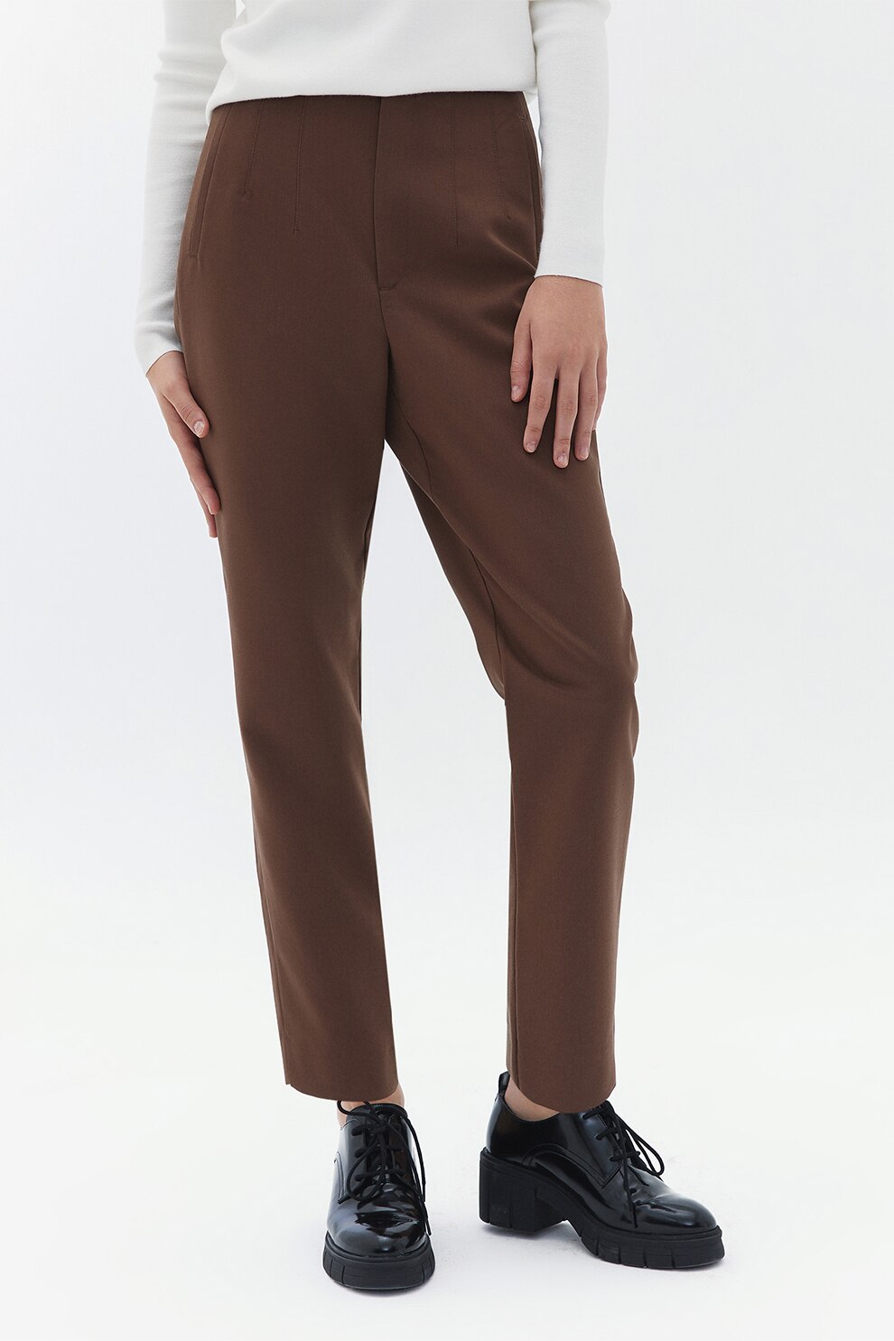 OXXO, Pantaloni conici din amestec de lyocell cu talie inalta, Maro inchis, 36