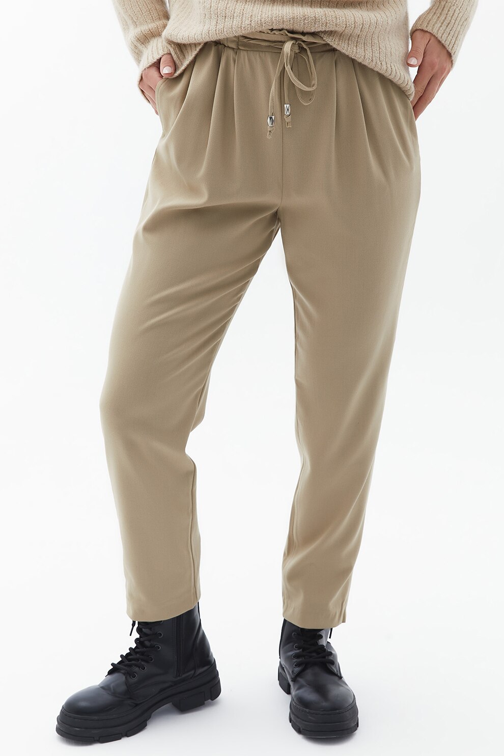 OXXO, Pantaloni conici cu model uni si talie ajustabila, Camel, S