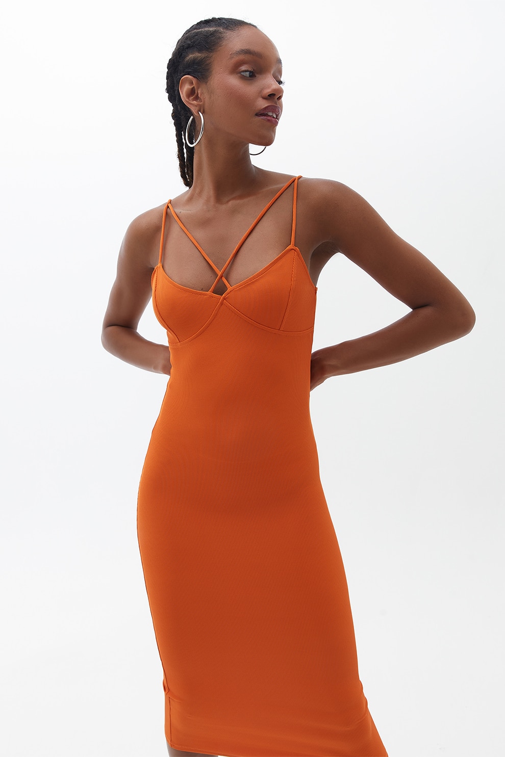 OXXO, Rochie midi cambrata cu bretele incrucisate, Portocaliu stins, L