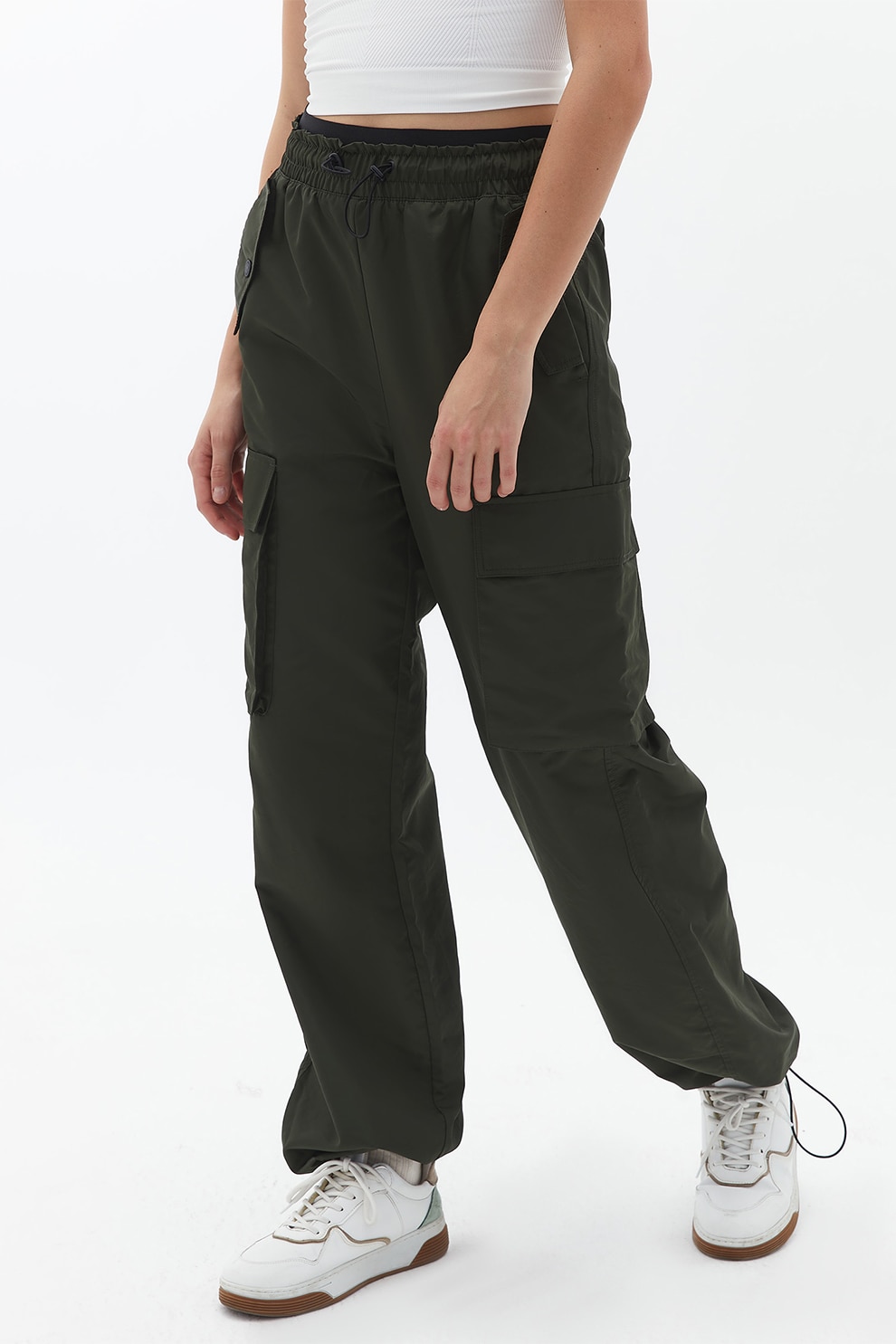 OXXO, Pantaloni cargo cu talie inalta, Verde padure, XS