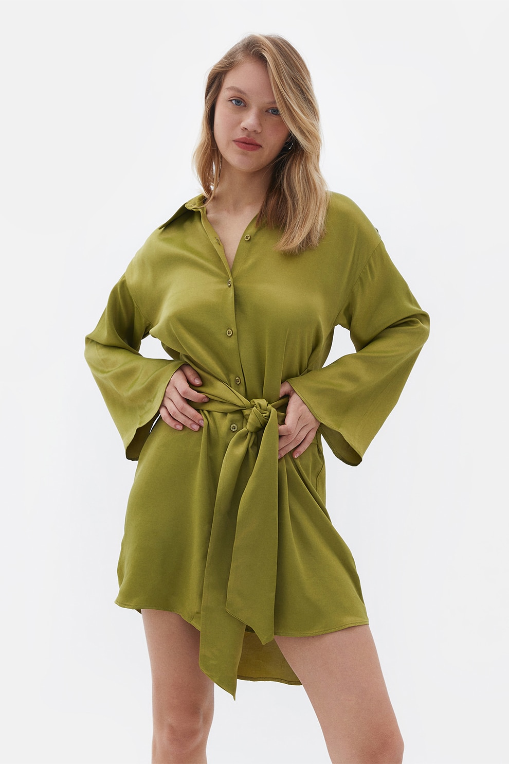 OXXO, Rochie-camasa asimetrica cu cordon in talie, Verde masliniu, L