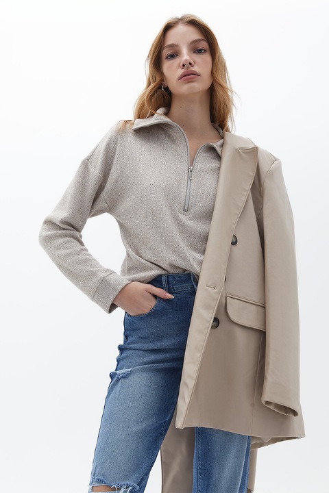 OXXO, Pulover cu fermoar scurt si maneci cazute, Maro taupe