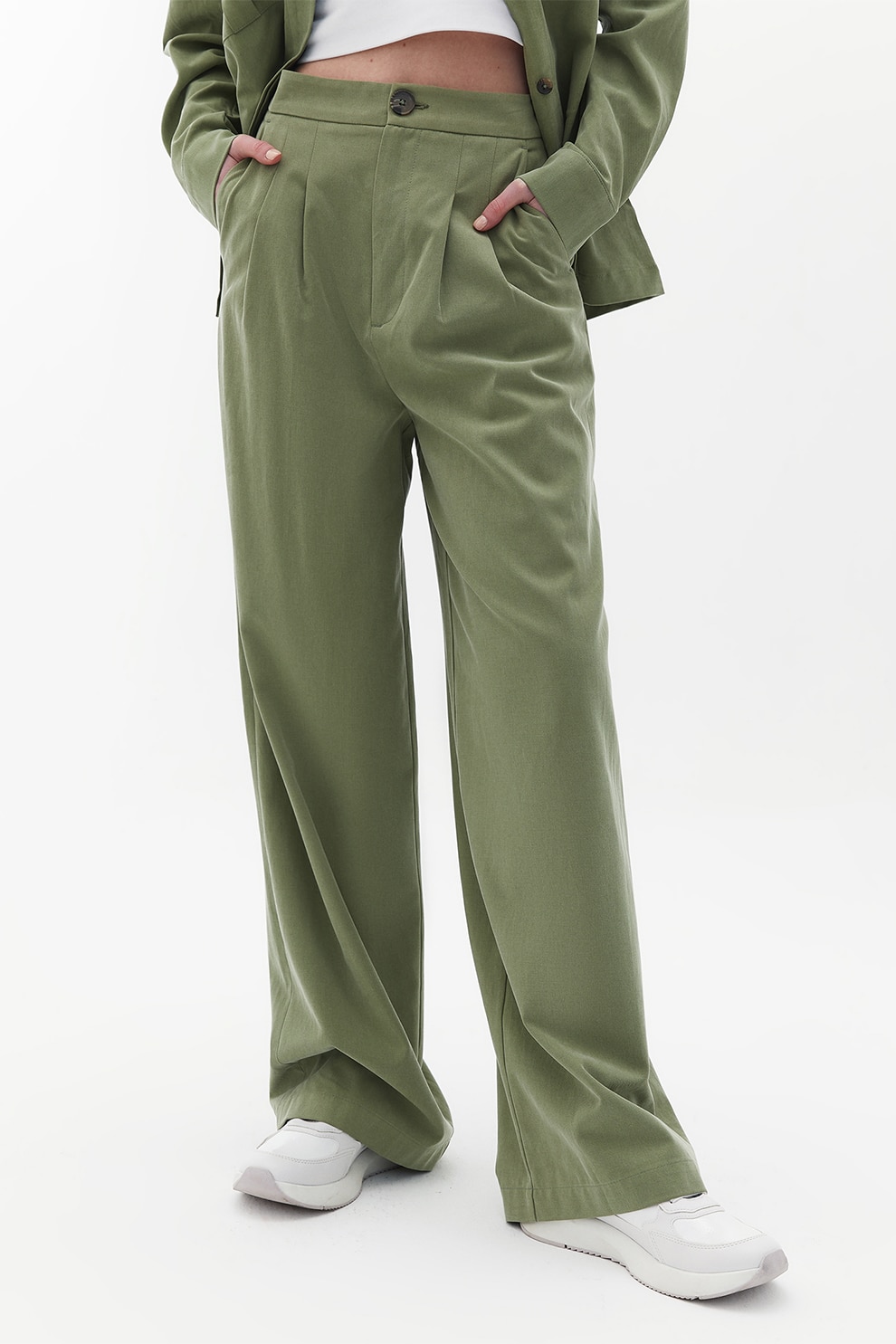 OXXO, Pantaloni din amestec de lyocell cu croiala ampla, Verde feriga, S