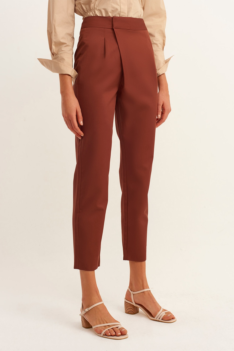OXXO, Pantaloni crop din amestec de lyocell cu talie inalta, Maro scortisoara, S