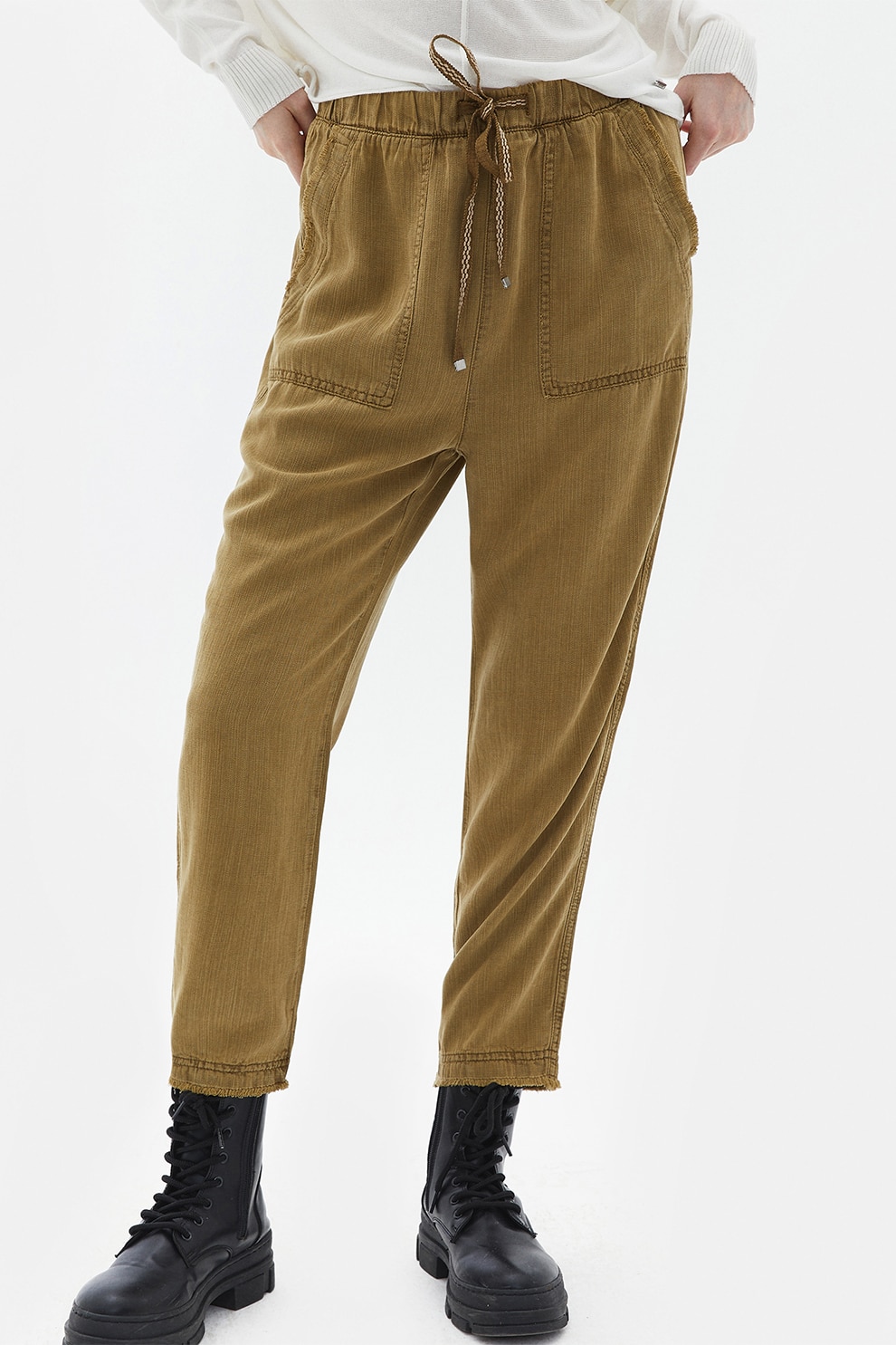OXXO, Pantaloni crop din amestec de lyocell cu croiala conica, Verde masliniu, S
