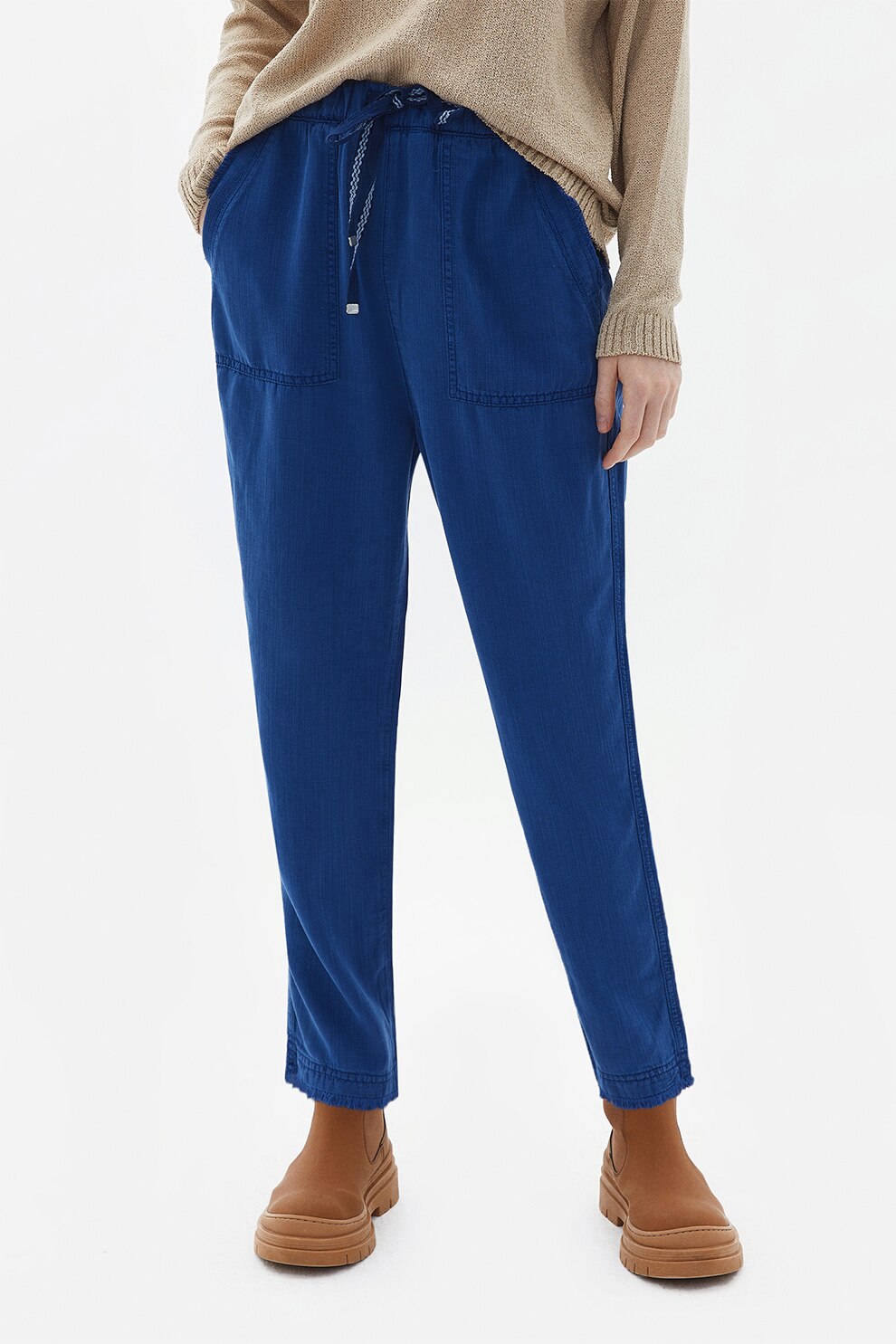 OXXO, Pantaloni crop din amestec de lyocell cu croiala conica, Albastru inchis, S
