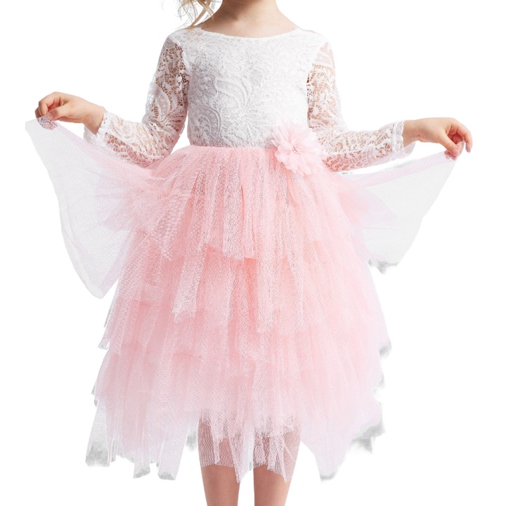 Elegáns kislány angyalka hosszú ruha fehér csipkével és rózsaszín tülldel – tökéletes különleges alkalmakra