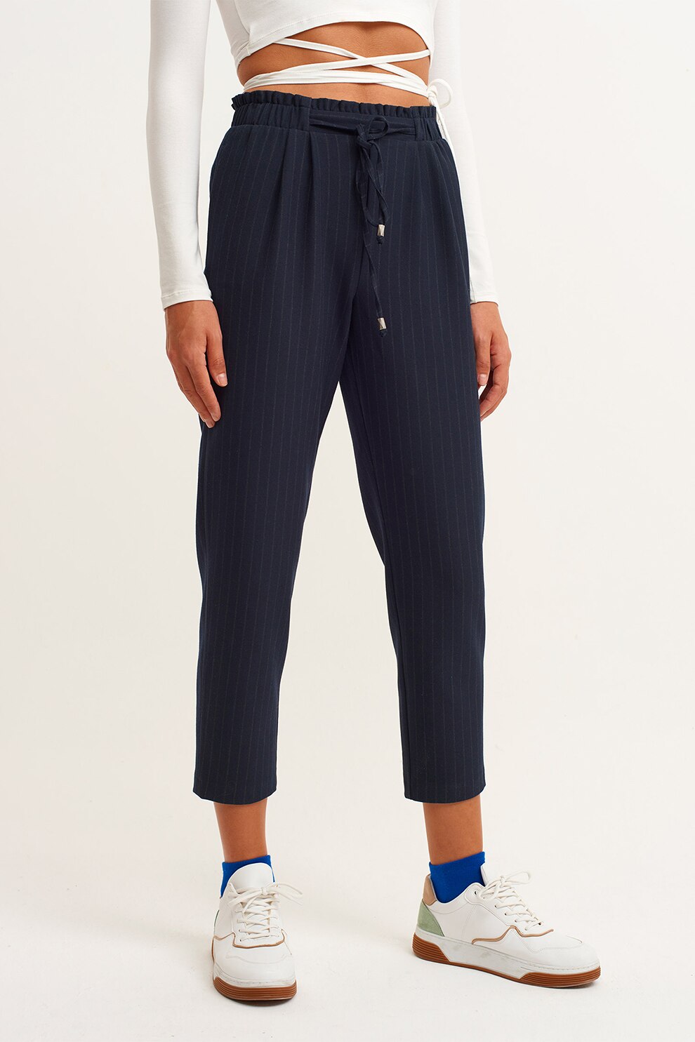 OXXO, Pantaloni crop conici cu model in dungi, Albastru ultramarin, S