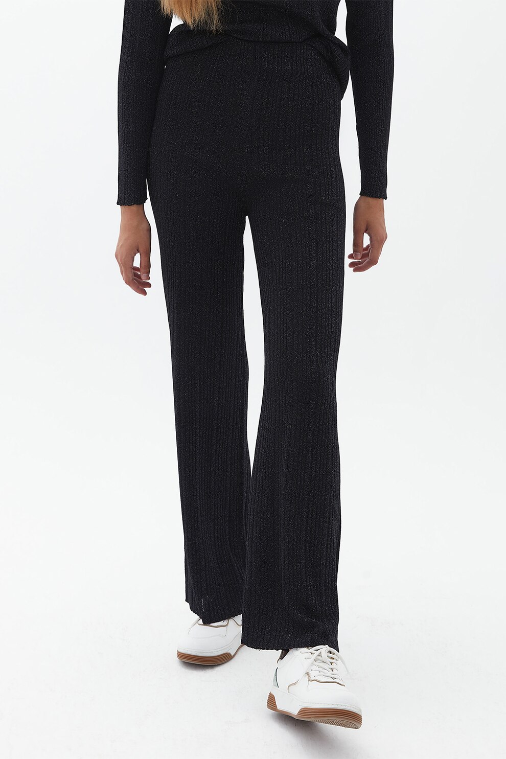 OXXO, Pantaloni evazati cu insertii metalizate, Negru, S