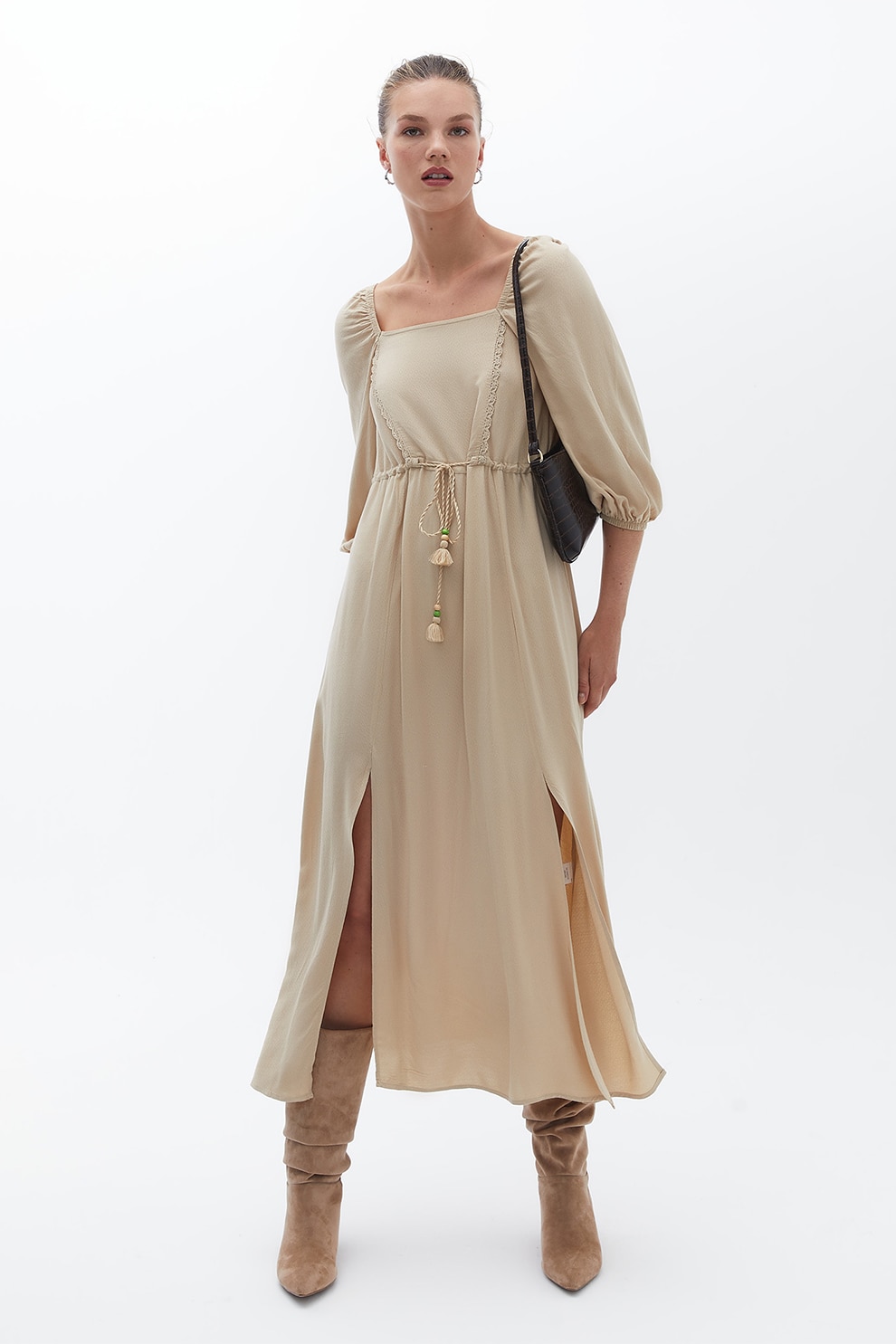 OXXO, Rochie midi lejera cu decolteu patrat, Kaki, 2XS