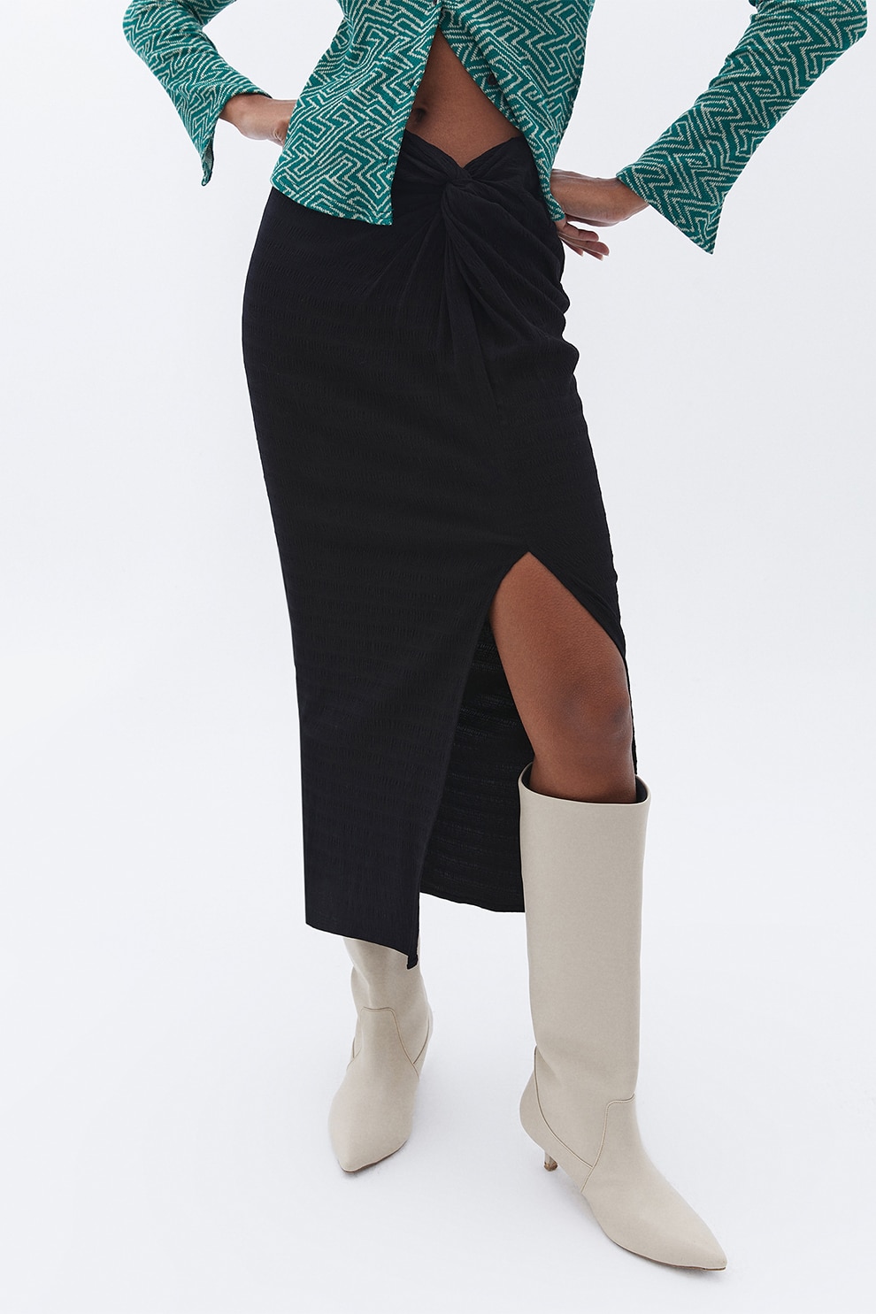 OXXO, Fusta midi drapata cu slit, Negru, XL