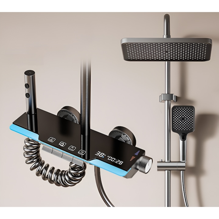 Интелигентна душ колона, LED дисплей с часовник, Градуси, Термостатично управление, 4 режима на пръскане, Технология за въздушно пръскане, LED светлини, Първокласни материали, Душ глава, Скрит кран, Без електрическа връзка, SMART GADGETS C&A, Черен