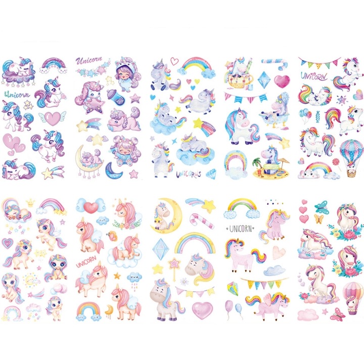 Set de tatuaje temporare, Basesailor, unicorni, multicolor, 6.8x12cm, pentru copii